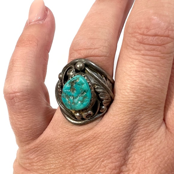Vintage Sterling Silver Native American Turquoise Feather Ring size 7 - Picture 2 of 10